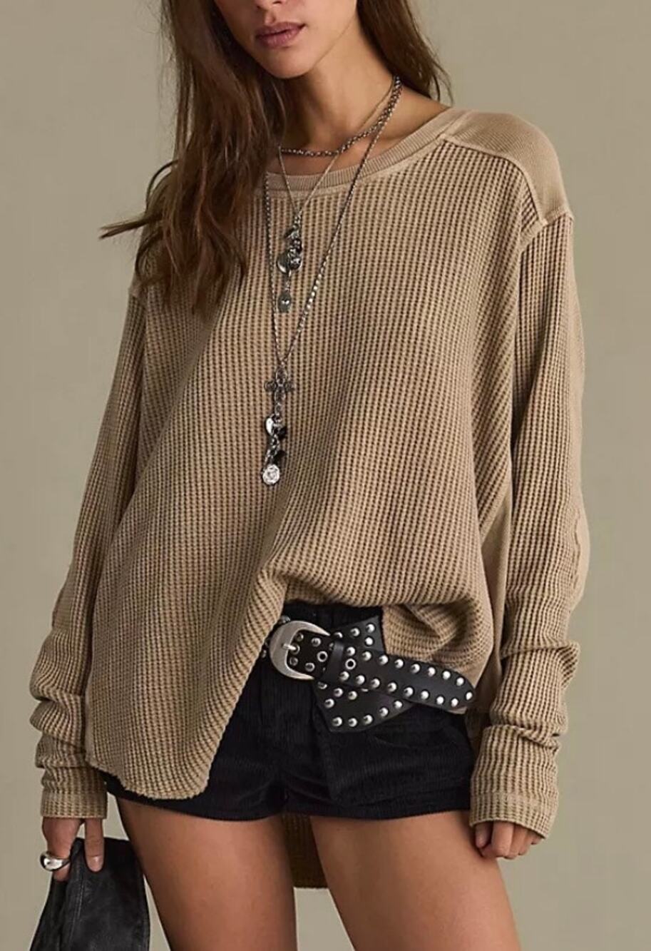 NWT Free People One Blake Thermal Oversized Shirt Long Sleeve Tan Women Medium